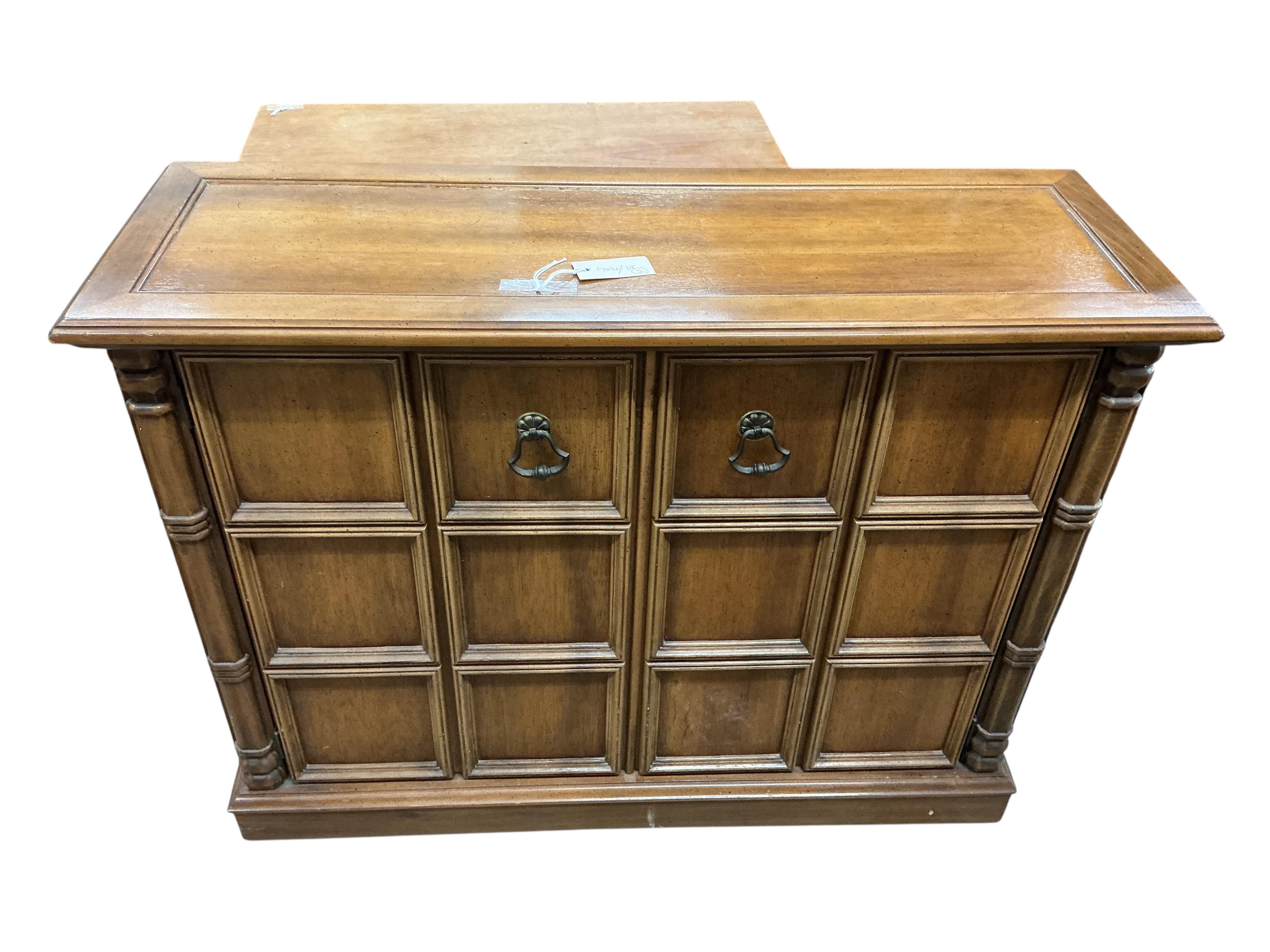 A reproduction square inlaid yew revolving bookcase, width 45cm, height 85cm, together with a reproduction Spanish style two door hardwood cabinet